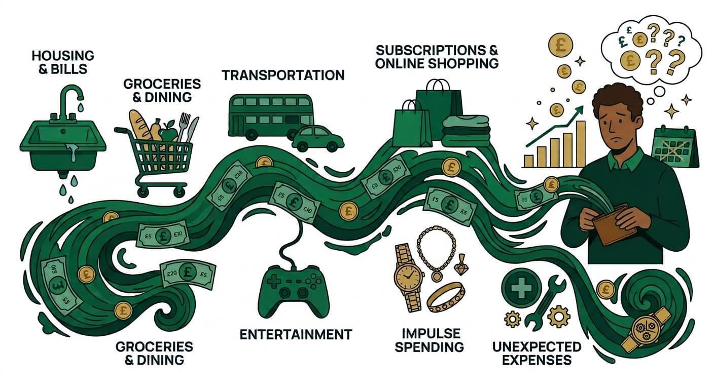 Illustration: a worried young man holding an open wallet as his money flows away into housing and bills, groceries, transport, entertainment, subscriptions, impulse spending and unexpected expenses.