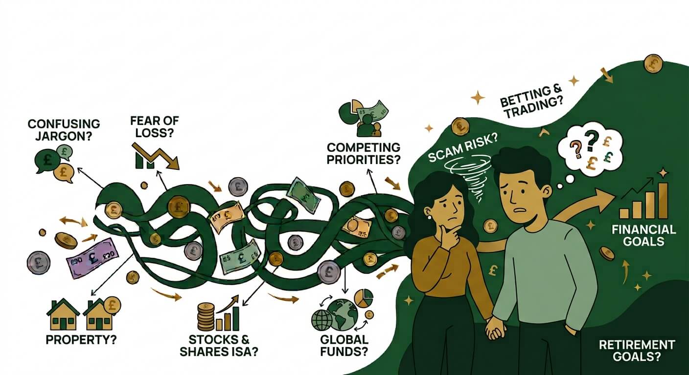 Illustration: a couple looking uncertain at a tangle of investing questions, including confusing jargon, fear of loss, scam risk, betting and trading, property, stocks and shares ISAs and global funds.