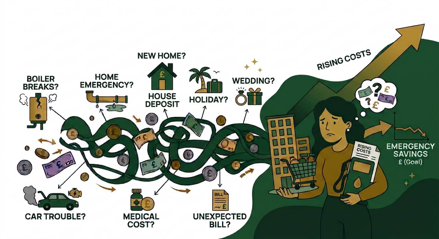 Illustration: a worried woman carrying rising costs while savings get pulled towards a broken boiler, car trouble, a house deposit, a holiday, a wedding and unexpected bills.
