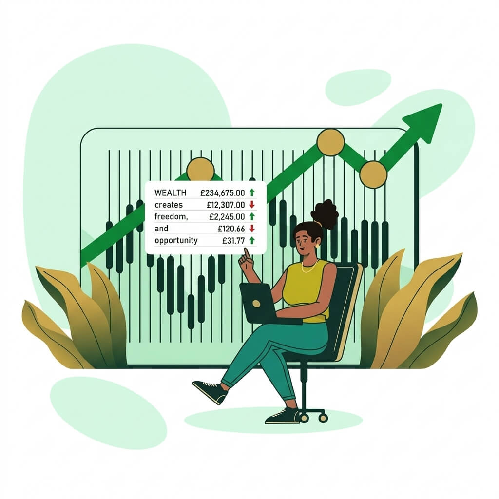 Illustration: a young woman on a laptop pointing at a rising chart with the words “Wealth creates freedom and opportunity”