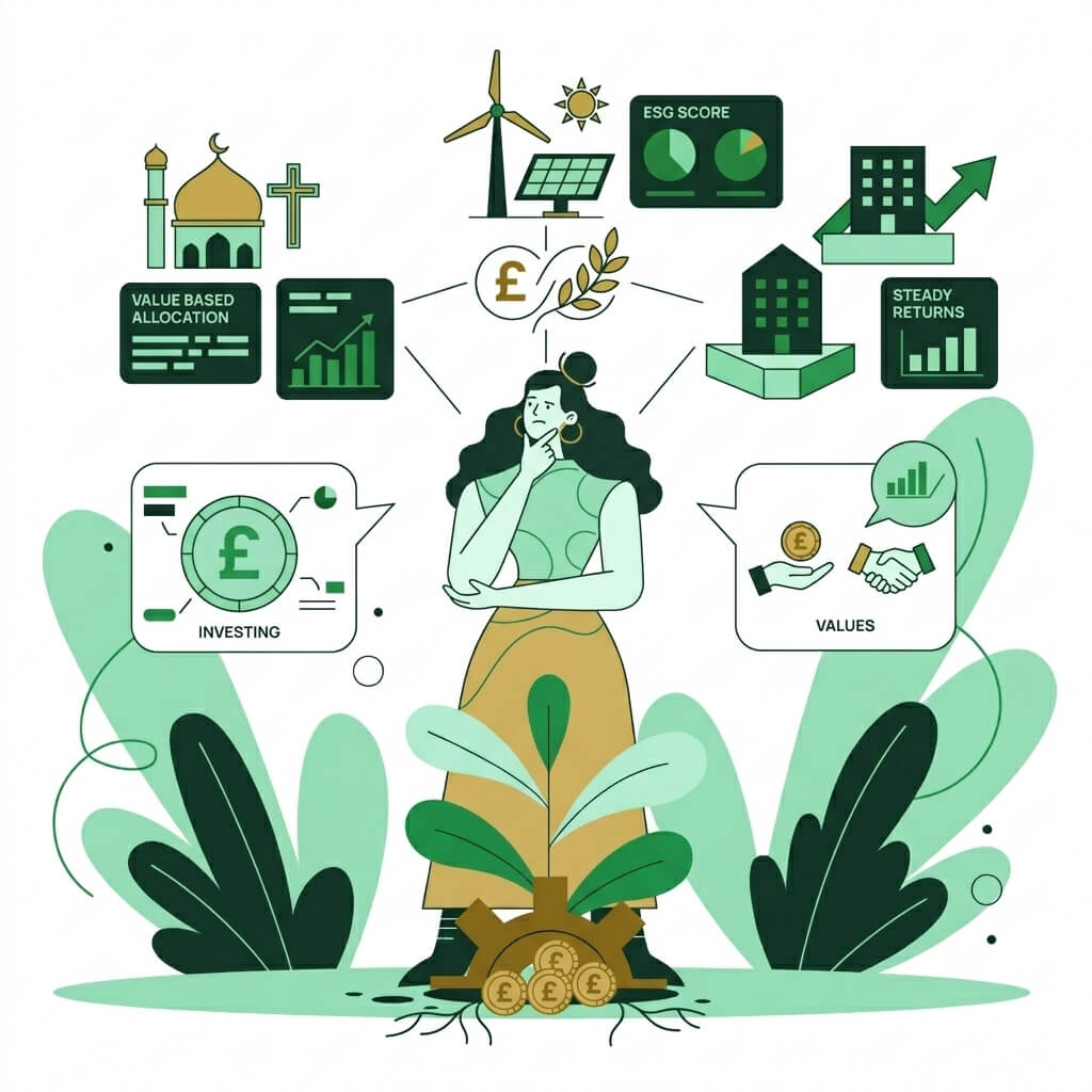 Illustration: Rachida thinking about investing, weighing her savings and financial security against her faith and ethical values